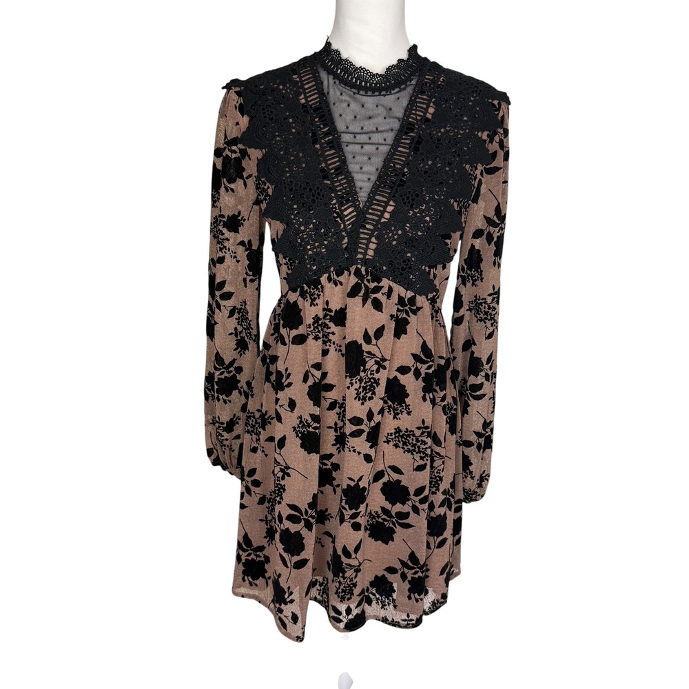 Entro Tan Black Floral Flocked Velvet Lace Mesh Mini Dress Womens Small
